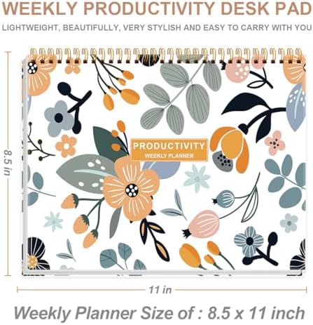 Weekly Productivity Planner - 8.5" x 11" Dashboard Desk Notepad Has 6 Focus Areas to List Tasks for Goals, Projects, Clients, Academic or Meal-Organize Your Daily Work Efficiently, 54 Weeks, Rose Flower