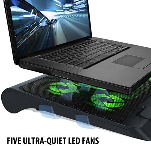 Enhance Gaming Laptop Cooling Pad Stand with LED Cooler Fans, Adjustable Height, & Dual USB Port for 17 inch Laptops - 5 Ultra Quiet High Performance Fans 2630 RPM & Built-in Bumpers - Green