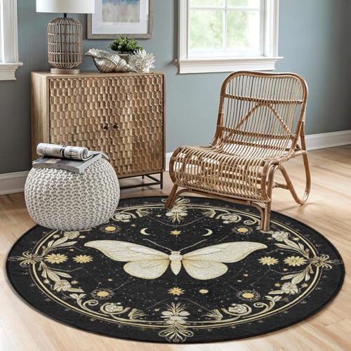 Soft Round Yoga Carpet, Office Chair Decor Round Mat for Carpet and Hardwood Floors Moth Gothic Witchy Sun Moon
