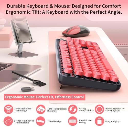 Wireless Keyboard Mouse Combo, 104 Keys Cute Colorful Typewriter Black Red