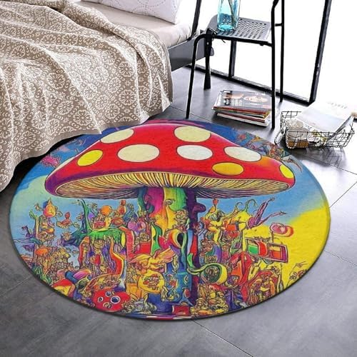 Machine Washable Modern Round Area Rug, Room Sofa Yoga Soft Round Carpet, Home Decor Non Slip Kitchen Office Circle Rug Trippy Mushroom Magic Art, 60inch