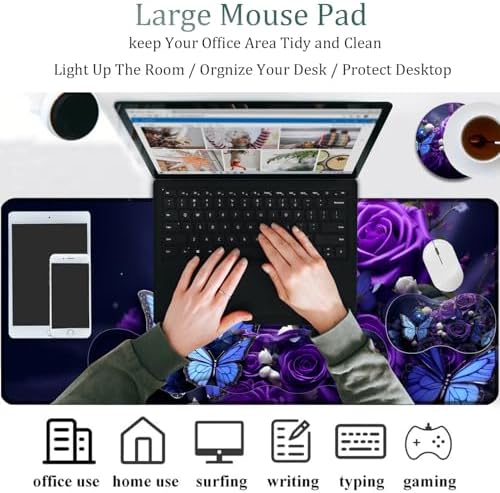 Mouse Pad Combo, Large Gaming Mouse Pad + Keyboard Wrist Support + Mouse Wrist Rest + Coaster, Table Pad 31.5 "x 11.8" with Memory Foam Ergonomic Wrist Pad Set, Purple Roses and Butterflies