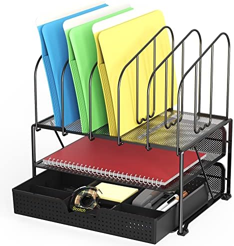 Deco Brothers Mesh Desk Organizer with Double Tray, 5 Upright Sections and Sliding Drawer, Black