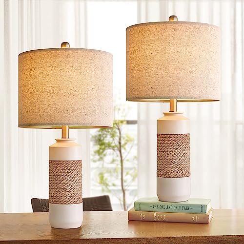 OYEARS 23.75" Bedside Table Lamps Set of 2 for Sleeping and Reading, Vintage Farmhouse Rattan Table Lamp Antique White Resin Lamp for Decoration, Office Living Room Bedside Table