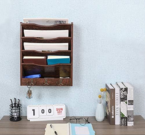 PAG-Mass 5-Tier Wall File Holder Hanging Mail Organizer Wood Magazine Literature Rack with 6 Hooks, Brown
