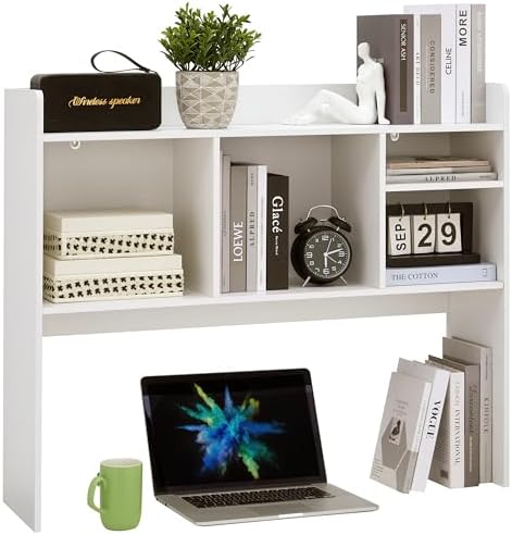 Nromant Desktop Bookshelf, Wooden Desk Storage Hutch with 6 Shelves for Computer Desk, 3-Tier Desktop Display Organizer Rack for Office Home (White)