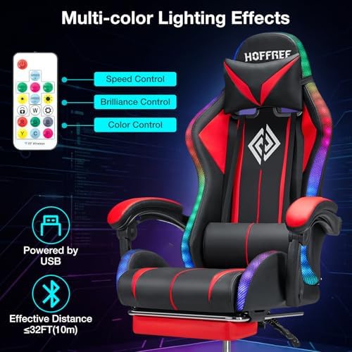 HOFFREE LED Gaming Chair with Massage RGB Lights Computer Game Chair-Red