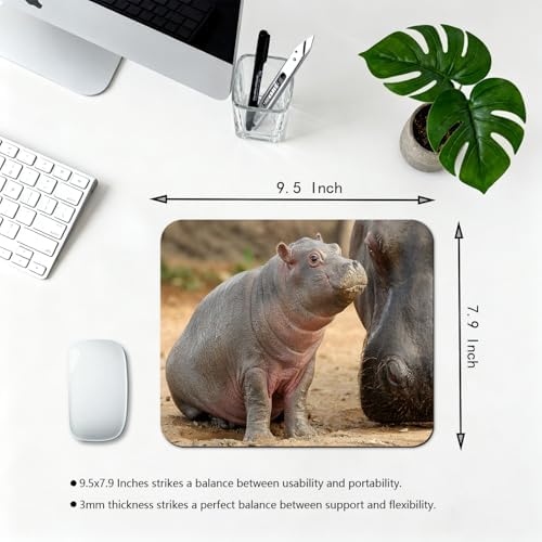 9.5x7.9 Inch Office/Gaming Mouse Pad, Adorable Baby Hippo Beside Its Adult Relative Cute Anti-Slip Mat for Desk