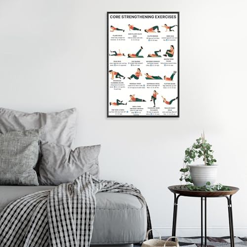 Core Strengthening Workout Poster, 16 Illustrated Abdominal Training Chart with Timing & Rep Guides, Bodyweight Abs & Obliques Exercise Reference for Home Gym Beginner Core Stability Fitness Routine(12x18inchs，Wrapped Framed)