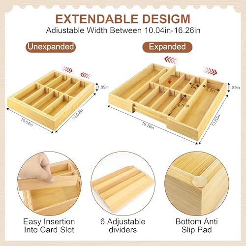 TREWAVE Bamboo Desk Drawer Organizer, Expandable Drawer Organizer Tray