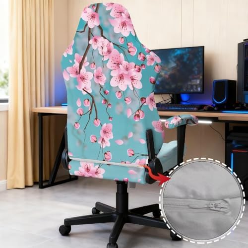 Teal Gaming Chair Cover Stretchable Cherry Blossom Computer Desk Chair Cover with Armrest Covers,4Pc/Set Soft Non Slip Office Chair Covers Slipcovers