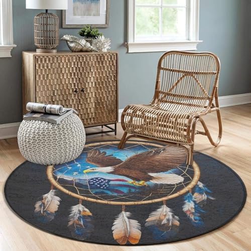 Room Sofa Yoga Soft Round Carpet, Home Decor Non Slip Kitchen Office Circle Rug, Machine Washable Modern Round Area Rug American Flag Boho Totem Native Eagle Dream Catcher, 60inch