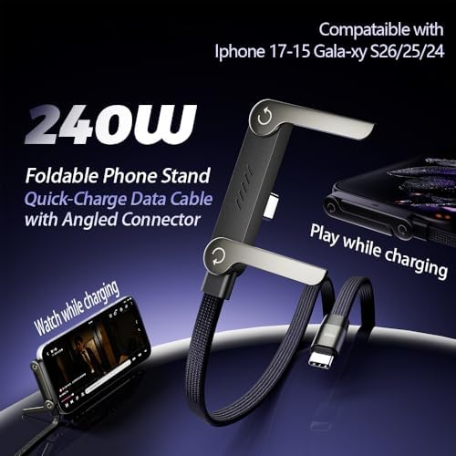 240W USB C to USB C Cable with Foldable Phone Stand, 4.9FT Braided Fast Charging Cord, 90 Degree Type C Charger Cable with Built-in Invisible Holder for Gaming, Office