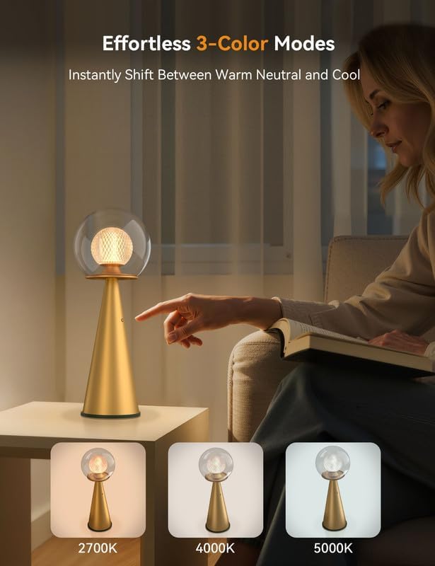 Tubicen Gold Cordless Table Lamp Rechargeable 8000mAh Portable Dual-Globe