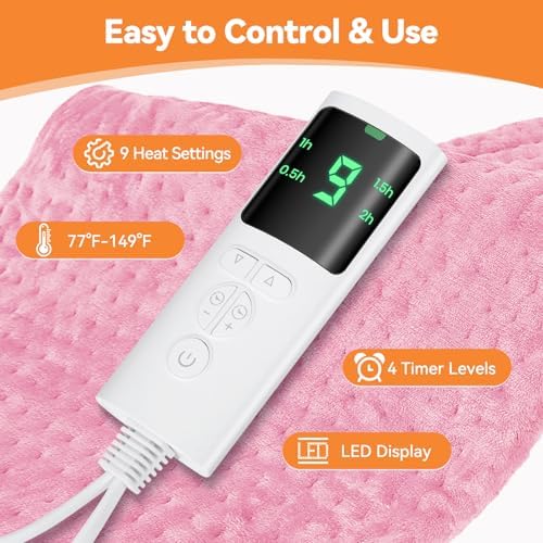 Heating Pad for Back Pain, 17"x33" Electric Heat Pad with 9 Heat Levels & 4 Auto-Off Timers, Portable Heating Pad for Period Cramps, Shoulder, Neck, Machine Washable, Gifts for Women Men, Pink