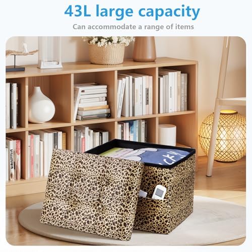AmasSmile Ottoman with Storage,Folding Chest,17" Velvet,Leopard 2 Pack