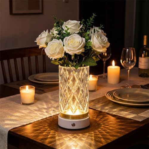 Crystal Table Lamp, Portable LED Bedside Lamp Touch Control, 3 Color Modes Dimmable, USB Rechargeable Night Light, Water Cup Design for Bedroom Living Room Home Decor