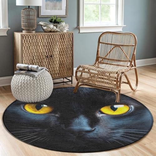 Large Home Decor Mat, Soft Round Yoga Carpet, Non Slip Machine Washable Home Office Circle Rug Black Cat