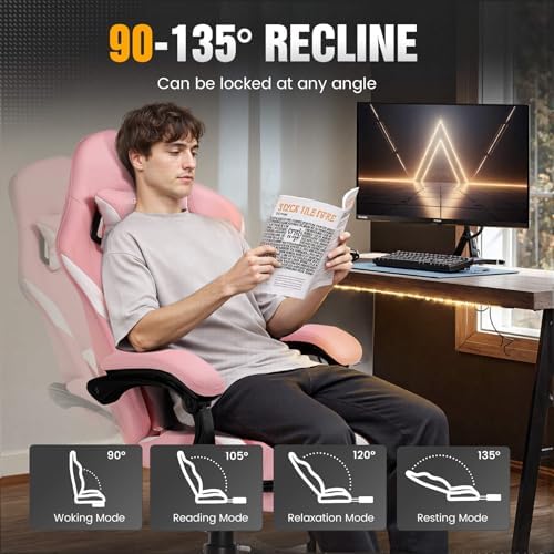 GTPLAYER Gaming Chair with Pocket Spring Cushion, Leather Office Chair with Ergonomic High Back & Lumbar Support for Back Pain Relief, Computer Game Chair for Adults, Pink