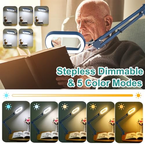 IVMAIE 12X Rectangle Magnifying Glass with Light, 5 Color Modes Stepless Dimmable Magnifier with Stand, LED Lighted Clamp Desk Lamp with Swing Arm, Hands Free for Reading Painting Close Work - Blue
