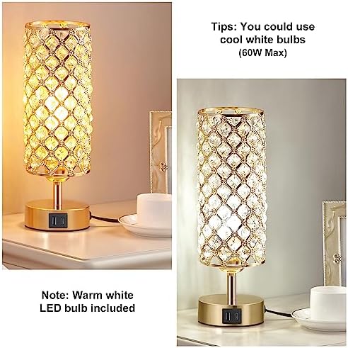 Hong-in Gold Crystal Touch Lamp for Bedroom with USB-C/A, Bulb Included