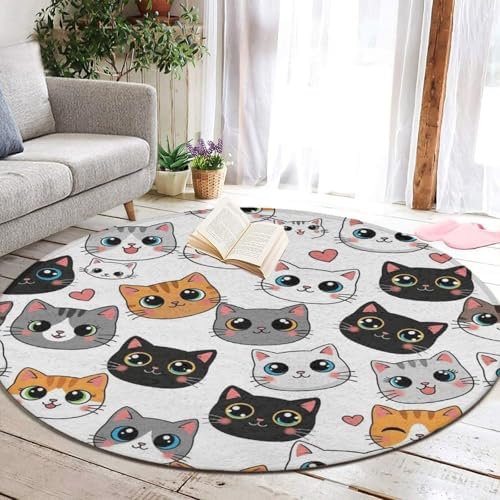 Fashion Round Area Rug Large Non Slip Carpet Unisex Home Decor Mat Cute Cat Kitten Head Cartoon Cats, 36inch