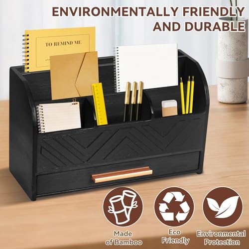 Charmewooden Black Desktop Organizer with Drawer Storage, White Desk Organizer Mail Holder Mail Organizer Countertop Pen Holder Letter Sorter Make up Organizer for School Home Office Supplies