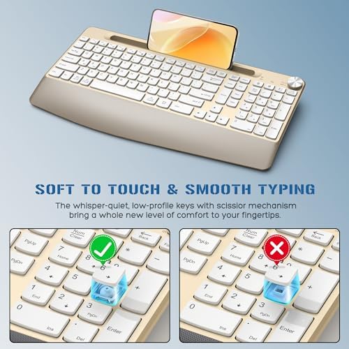 GAMCATZ Ergonomic Wireless Keyboard with Wrist Rest-Low-Profile,Phone/Tablet Holder,Quiet Design，Windows & Mac OS,Cordless USB Computer Keyboard for Desktop,Laptop, PC, Mac, Windows-Gold White