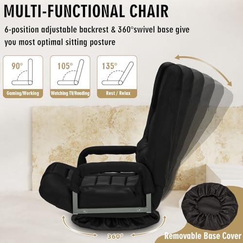 Swivel Floor Gaming Chair w/Armrests, Folding Video Reclining Sofa w/6 Adjustable Position, Padded Backrest & Cushion, Lazy Lounger Couch for E-Sports, Reading, Relaxing, Watching TV, Black