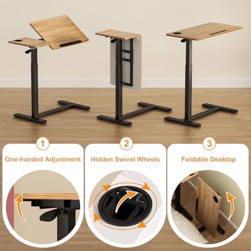 Ytaoka Height Adjustable Standing Desk with Wheels Foldable Standing Desk Mobile Tilting Laptop Desk Rolling Overbed Table for Home Office Bedroom Living Room