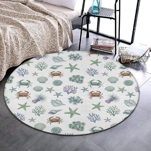 Large Machine Washable Circular Rugs, Home Decor Round Mat for Living Room Sofa Office Under Sea Ocean Starfish Shell Coral Crab Watercolor, 36inch