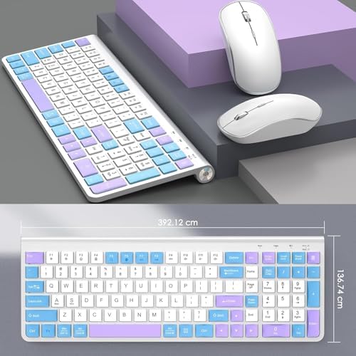 JOYACCESS Wireless Keyboard and Mouse Combo, Typewriter Ergonomic Wireless Keyboard with Number Pad and Computer Mouse for PC Laptop Desktop Computer - Purple Blue