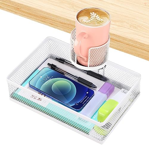 ROSYLINE Rotary Under Desk Storage Organizer with Cup Holder & Drawer Tray
