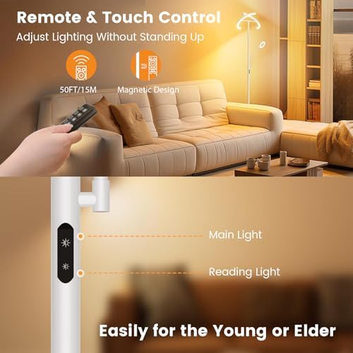 SIBRILLE White LED Floor Lamp - Dimmable 2 Lights Standing Lamp with Remote&Touch Control, 4 Color& 10 Brighness Adjustable Floor Reading Light, Modern Tall Lamp for Living Room Bedroom Office Corner