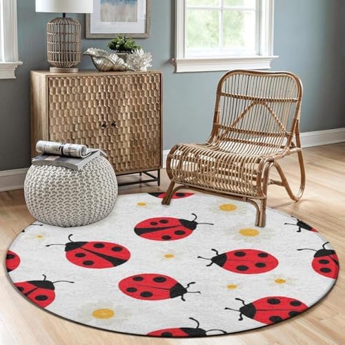 Large Home Decor Mat, Soft Round Yoga Carpet, Non Slip Machine Washable Home Office Circle Rug Red Cartoon Ladybug Pattern
