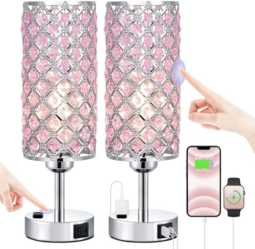 Hong-in Pink Crystal Lamp Set of 2, 3 Way Dimmable Touch Lamp for Bedroom with Crystal Shade, Bedside Nightstand Lamps for Living Room Bedroom Home Office