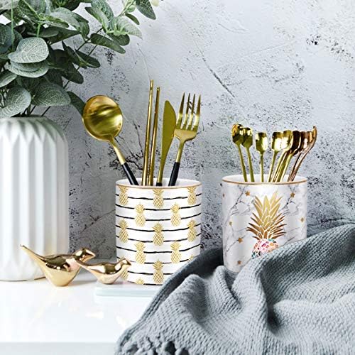 Cute Pineapple Pencil Holder for Desk, Large Capacity Colored Pen Cup Holder, Pretty Office Desk Accessories for Girls Women, Ceramic Workspace Organizers, Makeup Brush Holder for Home, Yellow