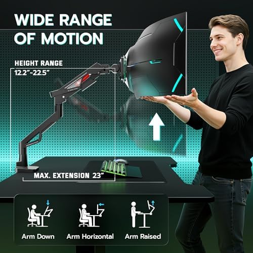ARES WING Ultrawide Gas Spring Monitor Arm 57"66Lbs VESA Clamp Grommet Base