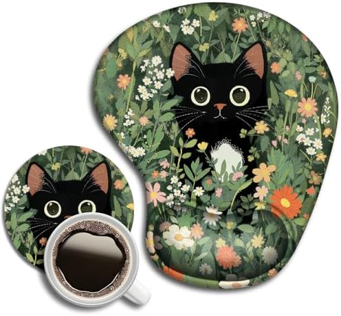 Ergonomic Mouse Pad with Wrist Support, Black Cat Pattern Rubber Mousepad with Non-Slip PU Base for Home Office Working Studying, Easy Typing & Pain Relief for Women Girls Adult Kids