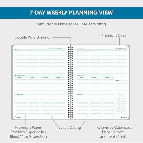 Planner Pad Spiral Bound January-December 2027/ Calendar Year 8 1/2" x 11" Large 3-Tier Funnel Down 12 Month/Weekly Organizer, Greenish Grey Cover/Soft Green Ink