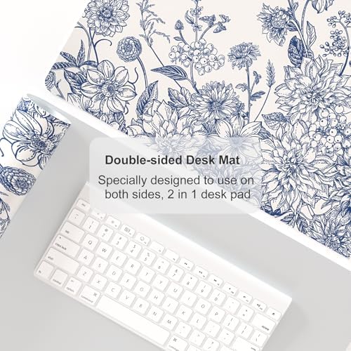 Faux Leather Large Mouse Pad, Office Desk Mat, 23.6"x13.8", Blue Flowers
