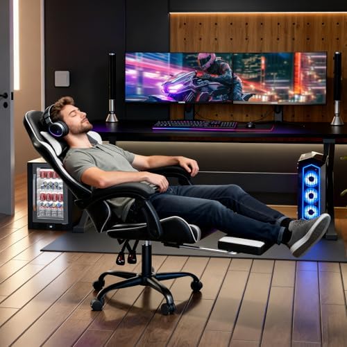 Magshion Gaming Chair for Adults, Ergonomic Computer Chair with Linkage Armrests, Height Adjustable Gamer Chair with Footrest and Headrest for Home Office, 350 Lbs Capacity, White