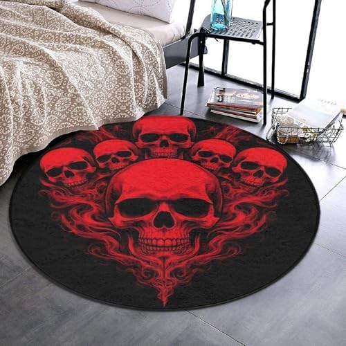 Men's Large Home Decor Mat, Soft Round Yoga Carpet, Non Slip Machine Washable Home Office Circle Rug Red Skull