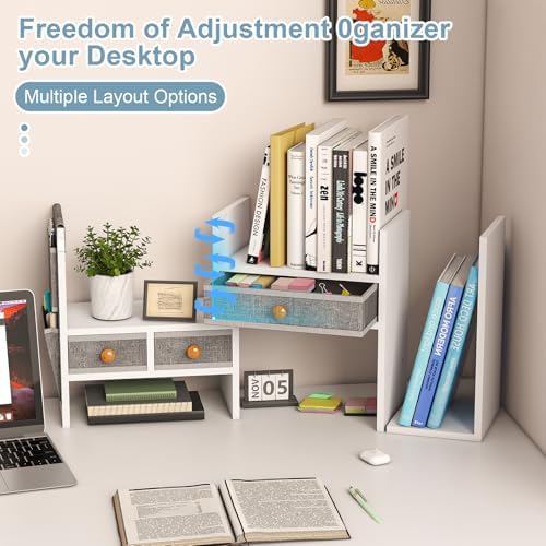X-cosrack Adjustable Desk Shelves for Storage, Desktop Bookshelf with 3 Drawers, White Wood Desk Shelf for Top of Desk, Corner Desktop Organizer for Women Office