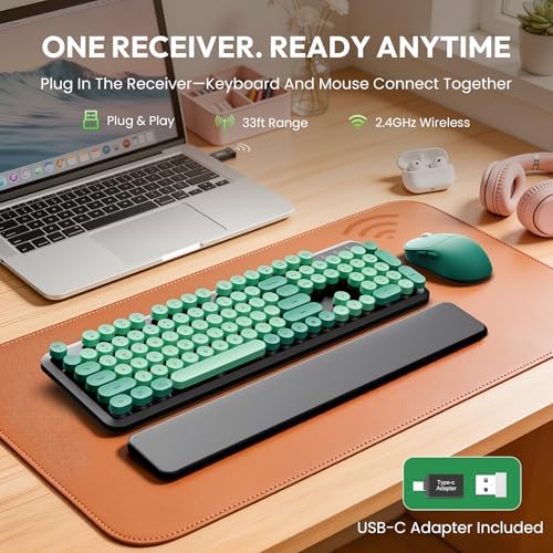 Wireless Keyboard and Mouse Combo, Cute Typewriter, Magnetic Wrist Rest