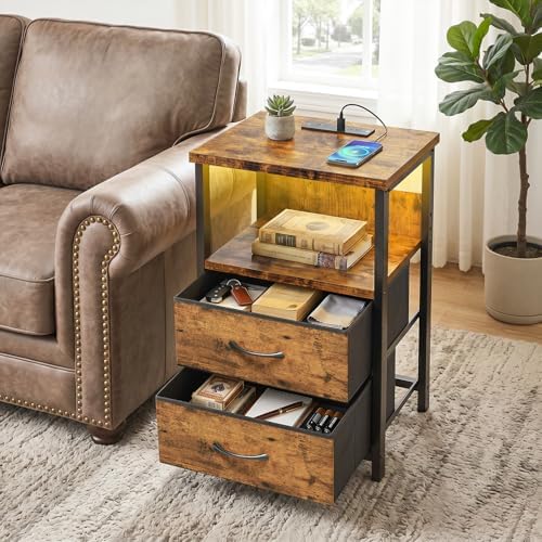 Fixwal Night Stand with Charging Station, Led Nightstand, 2 Fabric Drawers