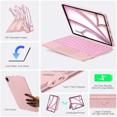 iPad A16 11/10th Case with Keyboard, Air 11" (M4/M3/M2, 2026/2025/2024), Magnetic Detachable with Trackpad, Quiet Backlit Keys, 160° Stand, Smooth iPad Case for Air 5/4th 10.9" & Pro 11 (Rose Quartz)