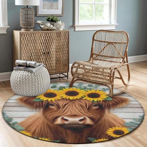 Large Home Decor Mat, Soft Round Yoga Carpet, Non Slip Machine Washable Kitchen Office Circle Rug Sunflower Highland Cow
