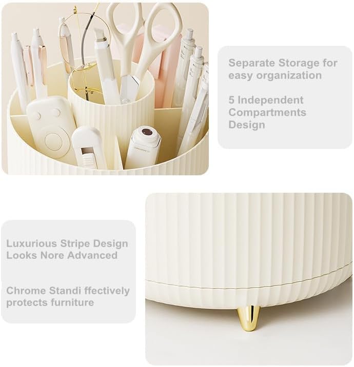 Desk Pencil Pen Holder 5 Slots 360°Degree Rotating Pen Organizers for Desk Desktop Storage Stationery Supplies Organizer Cute Cup Pot Kids Desk Organizer for Office Home School（Cream2）