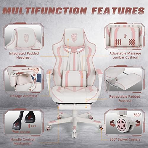 Vonesse Gaming Chair for Girls, Pink Computer Gaming Chairs for Adults, Reclining Gamer Chair with Footrest with Massage, Ergonomic Home Office Chair High Back (White/Pink)